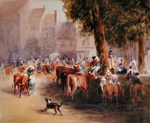 Tidlig morgen i landsbyens kvægmarked (akvarel på papir) af William Hunt