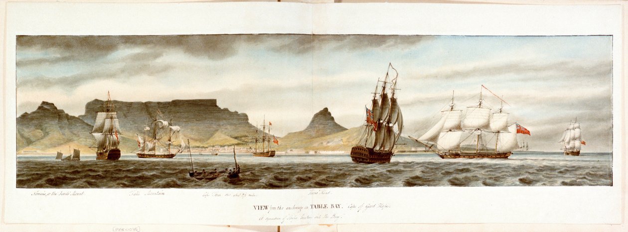 Eskadre af skibe fra ankerpladsen i Table Bay, Kap Det Gode Håb, slutningen af det 18. århundrede til begyndelsen af det 19. århundrede (akvarel) af William Innes Pocock