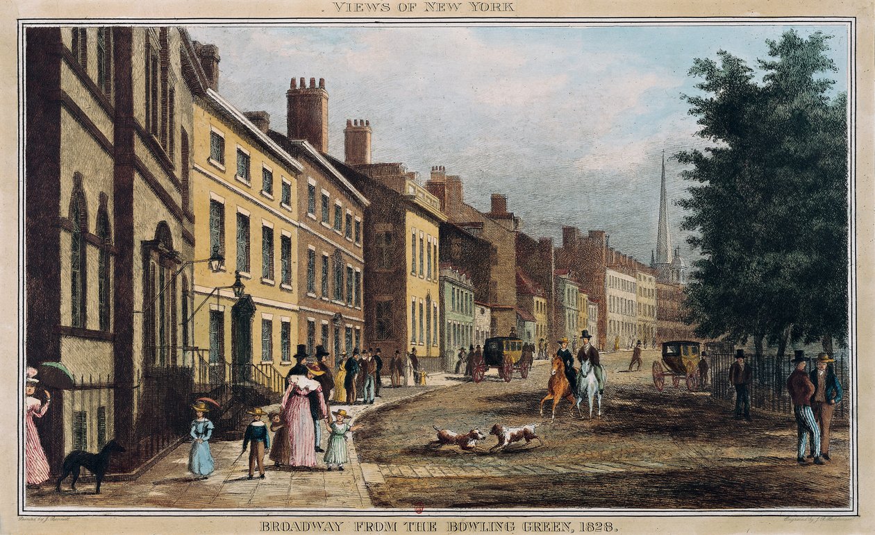 Broad Way from the Bowling Green, indgraveret af J.R. Hutchinson, 1828 af William James Bennett