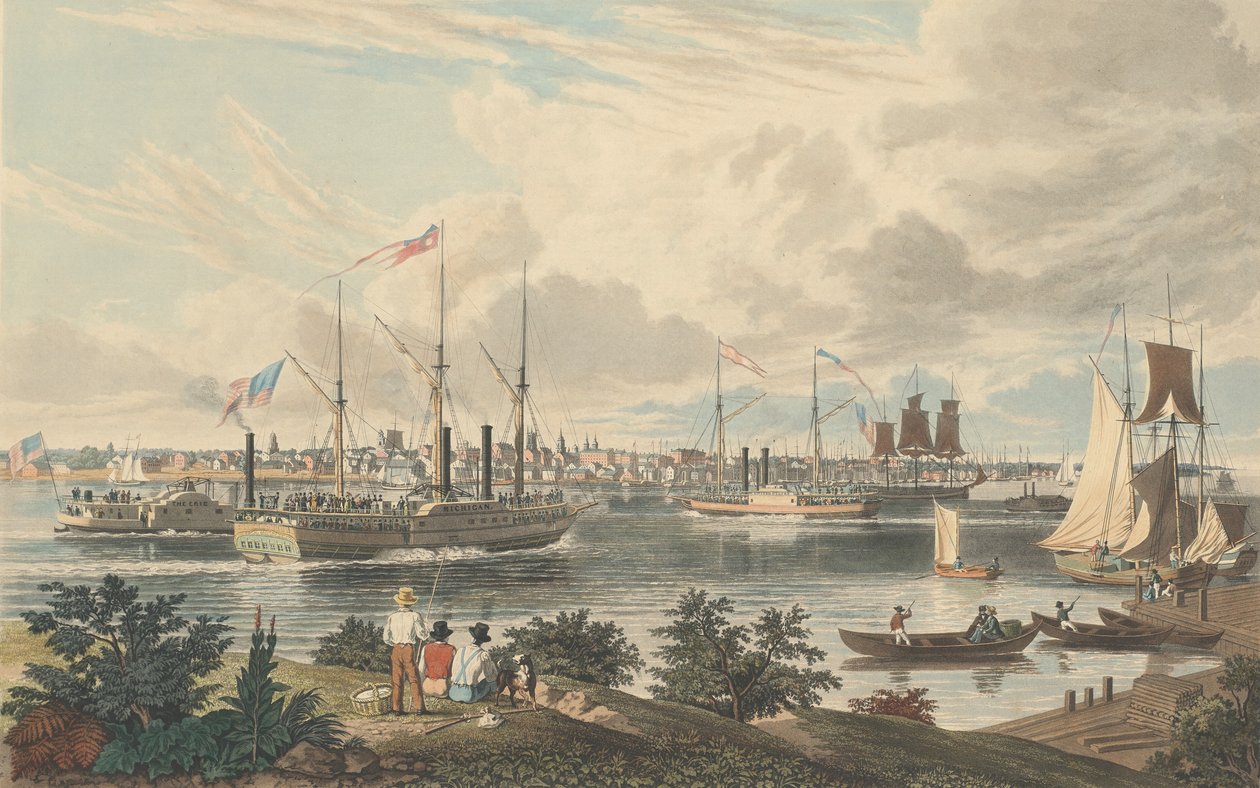 City of Detroit, Michigan: Taget fra Canada Shore nær færgen, udgivet 1837. af William James Bennett