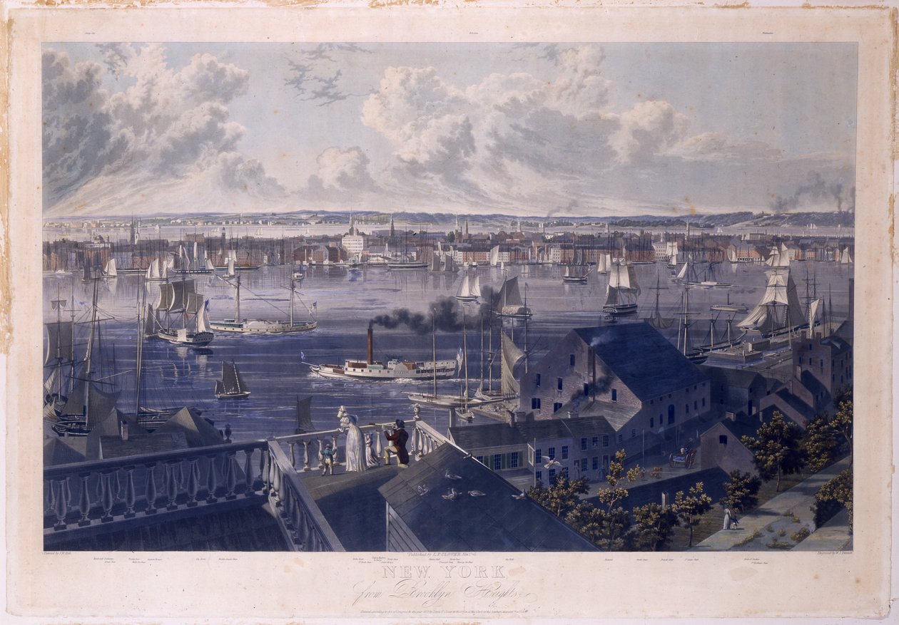 New York fra Brooklyn Heights, 1837 (håndfarvet radering og akvatinte) af William James Bennett