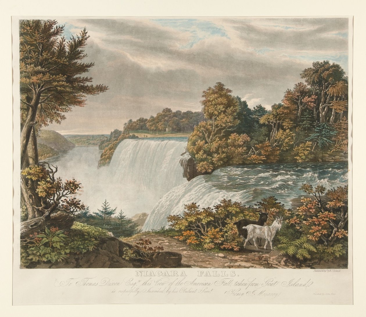 Niagaravandfaldene. Til Thomas Dixon Esq. er denne udsigt over American Fall, set fra Goat Island, ærbødigt tilegnet af William James Bennett
