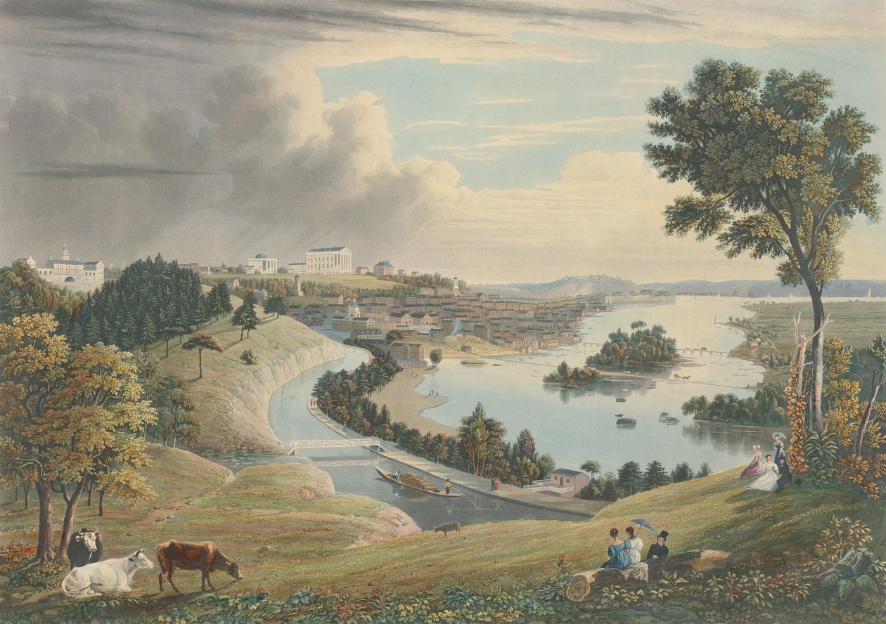Richmond: Fra bakken over vandværket, udgivet 1834. af William James Bennett