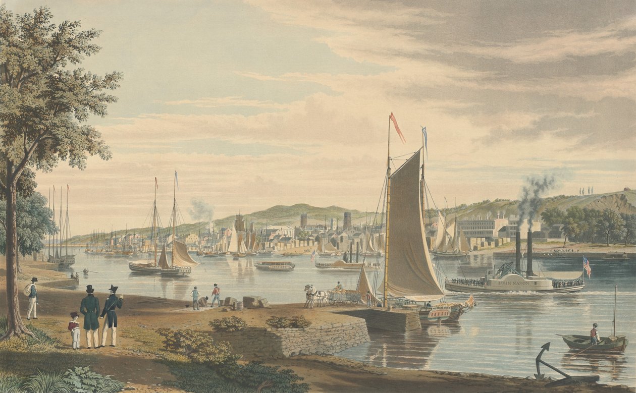 Troy: Taget fra Vestbredden af Hudson foran United States Arsenal, pub 1838. af William James Bennett