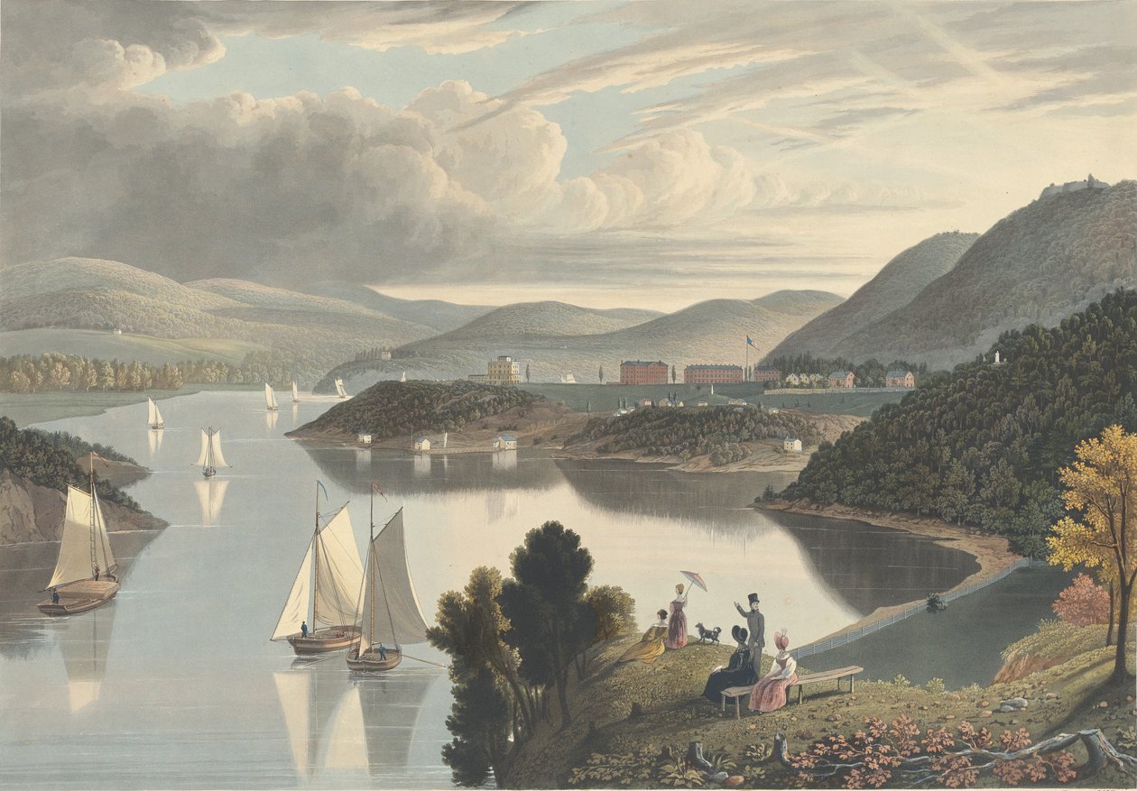 West Point, ovenfra Washington Valley: Looking down the River, udgivet 1834. af William James Bennett