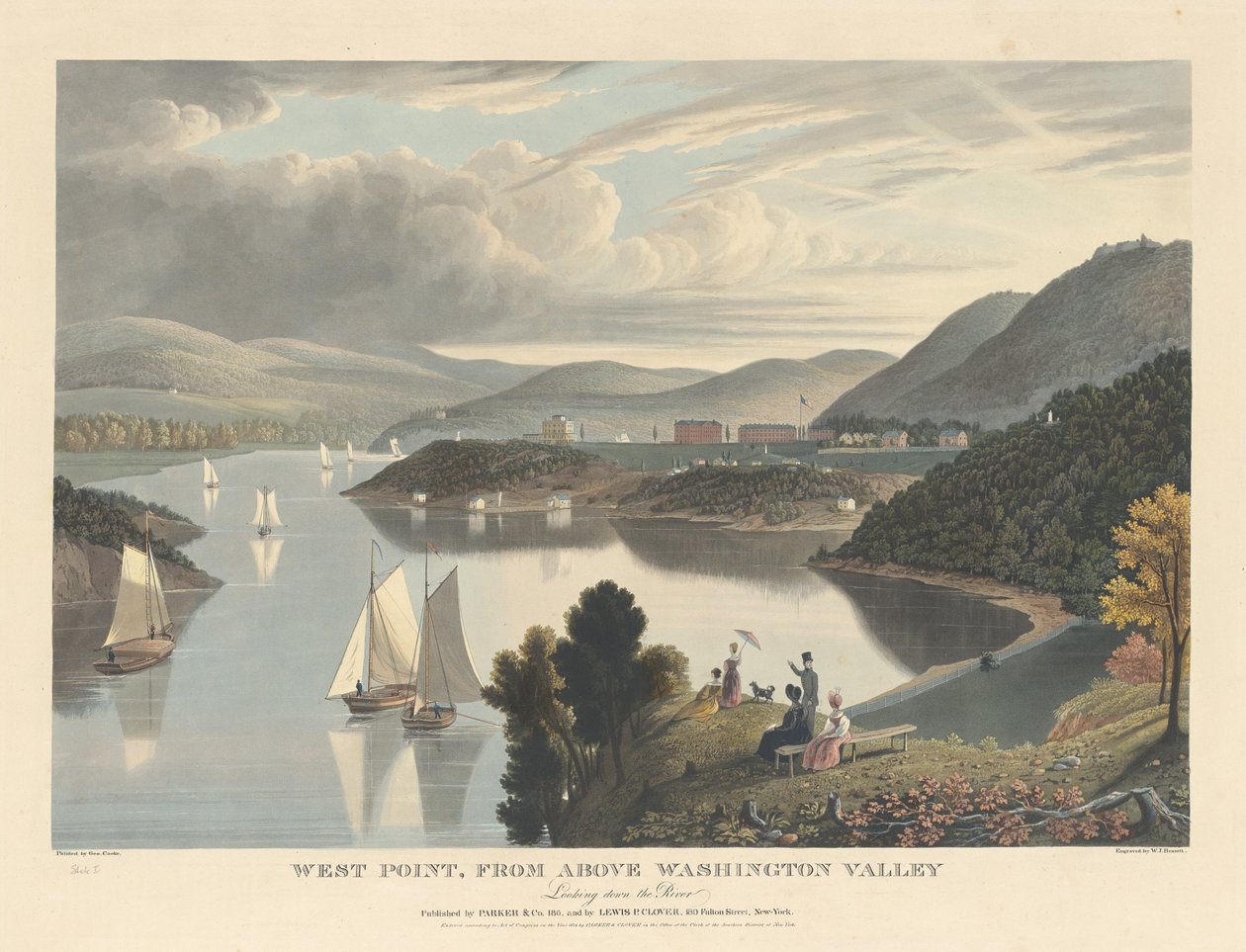 West Point, fra oven Washington Valley: Ser ned ad floden af William James Bennett after George Cooke