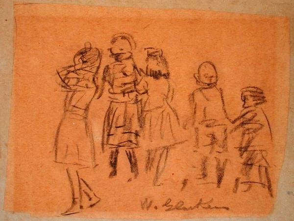Fem børn (sort kridt på papir) af William James Glackens