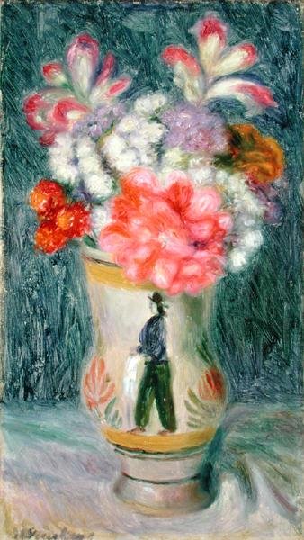 Blomster i en Quimper vase (olie på lærred) af William James Glackens