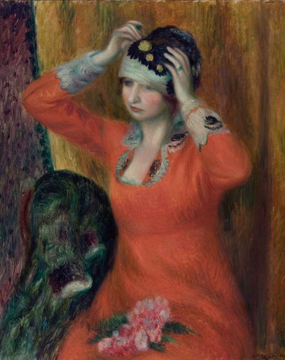 Pige i rød kjole, der sætter en hat af William James Glackens