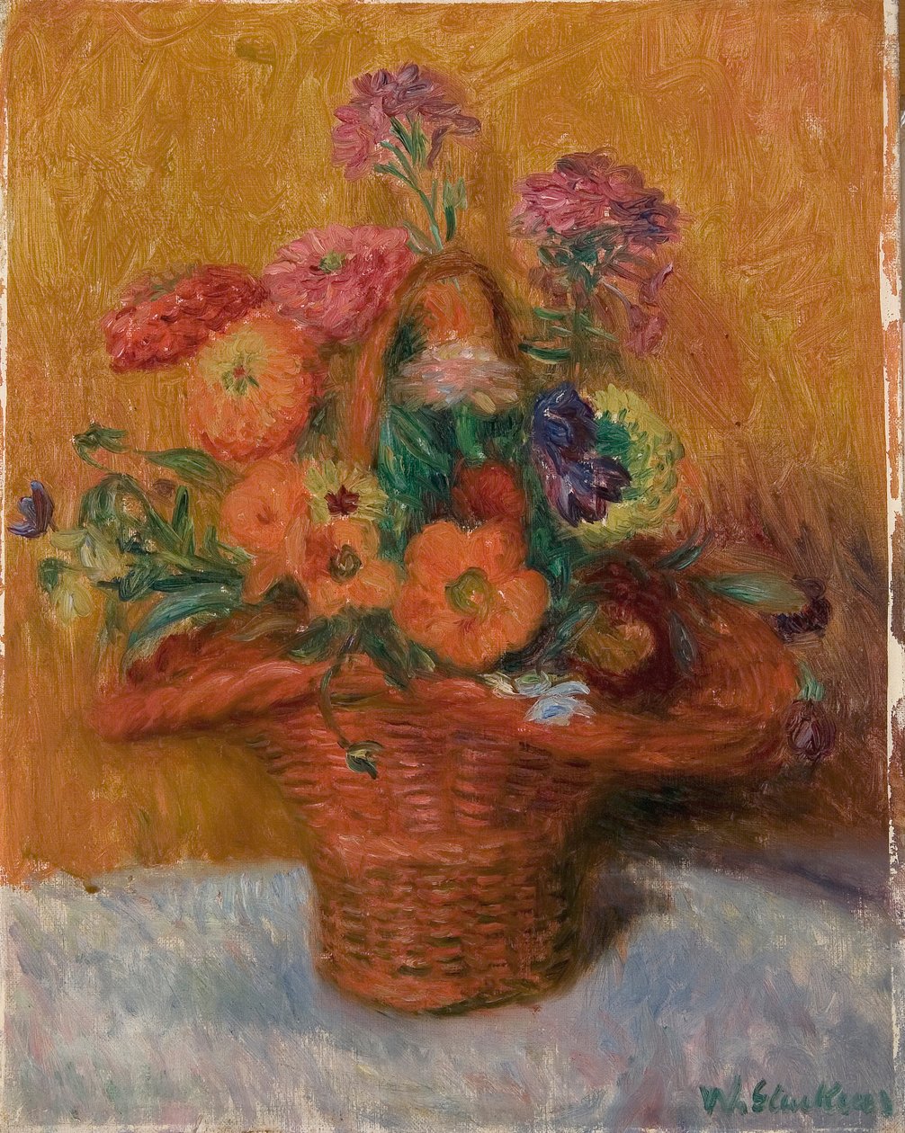 Rød kurv af Zinnias af William James Glackens