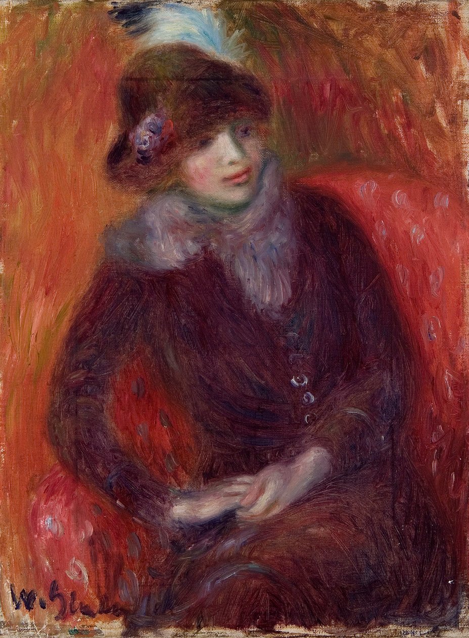 Siddende kvinde med pelshals og rød baggrund af William James Glackens