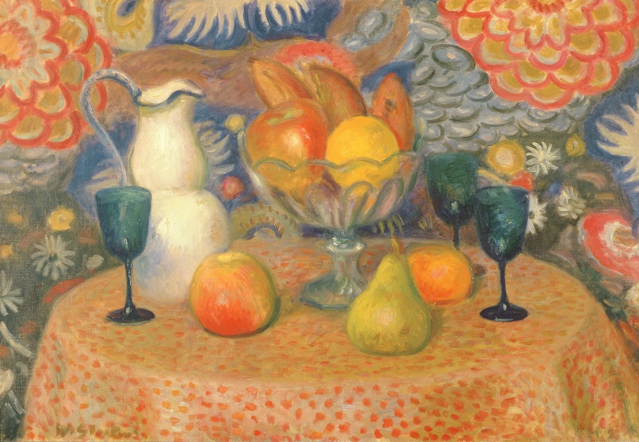 Stilleben med tre glas, ca. 1925 (olie på lærred) af William James Glackens