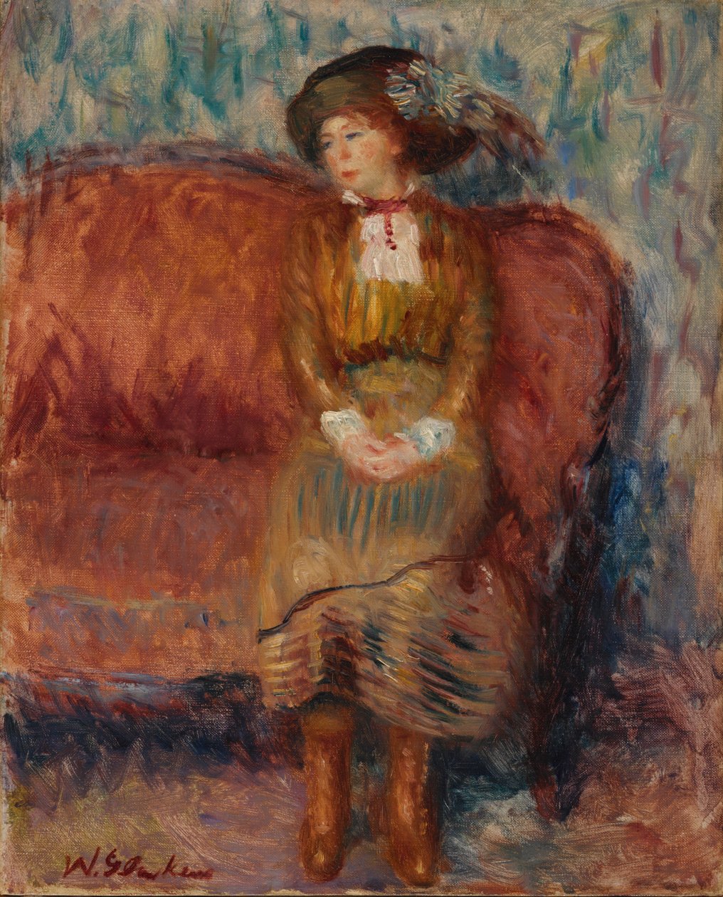 Kvinde siddende på rød sofa af William James Glackens