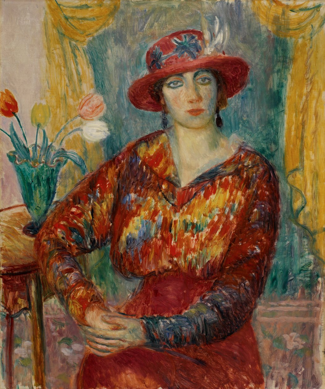 Kvinde i rød bluse med tulipaner af William James Glackens