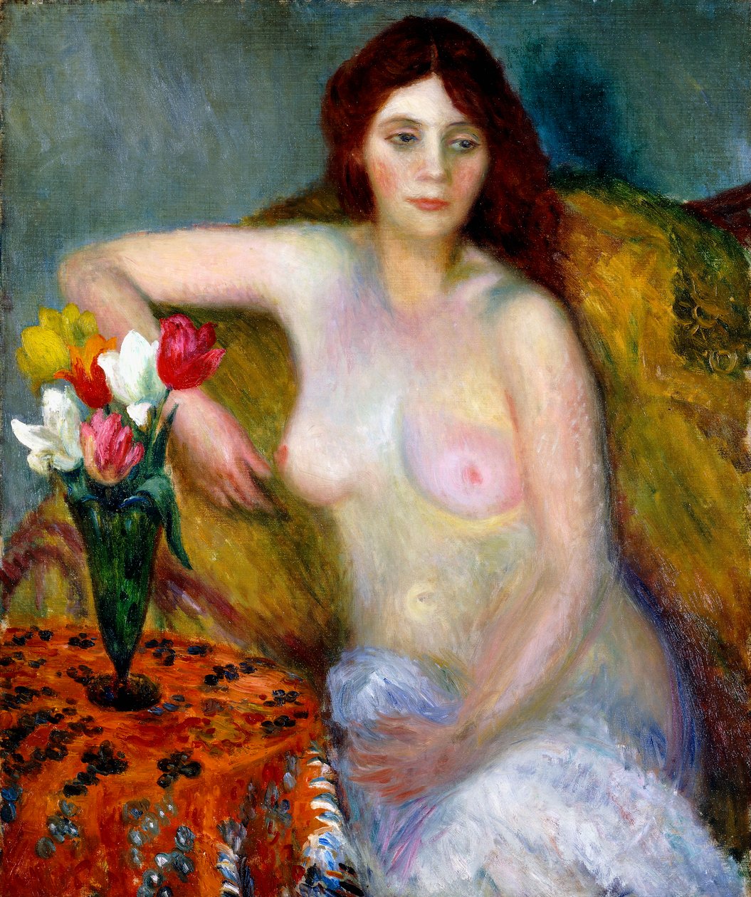 nøgen med tulipaner af William James Glackens