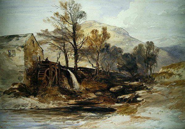 En vandmølle i det nordlige Wales (akvarel på papir) af William James Muller