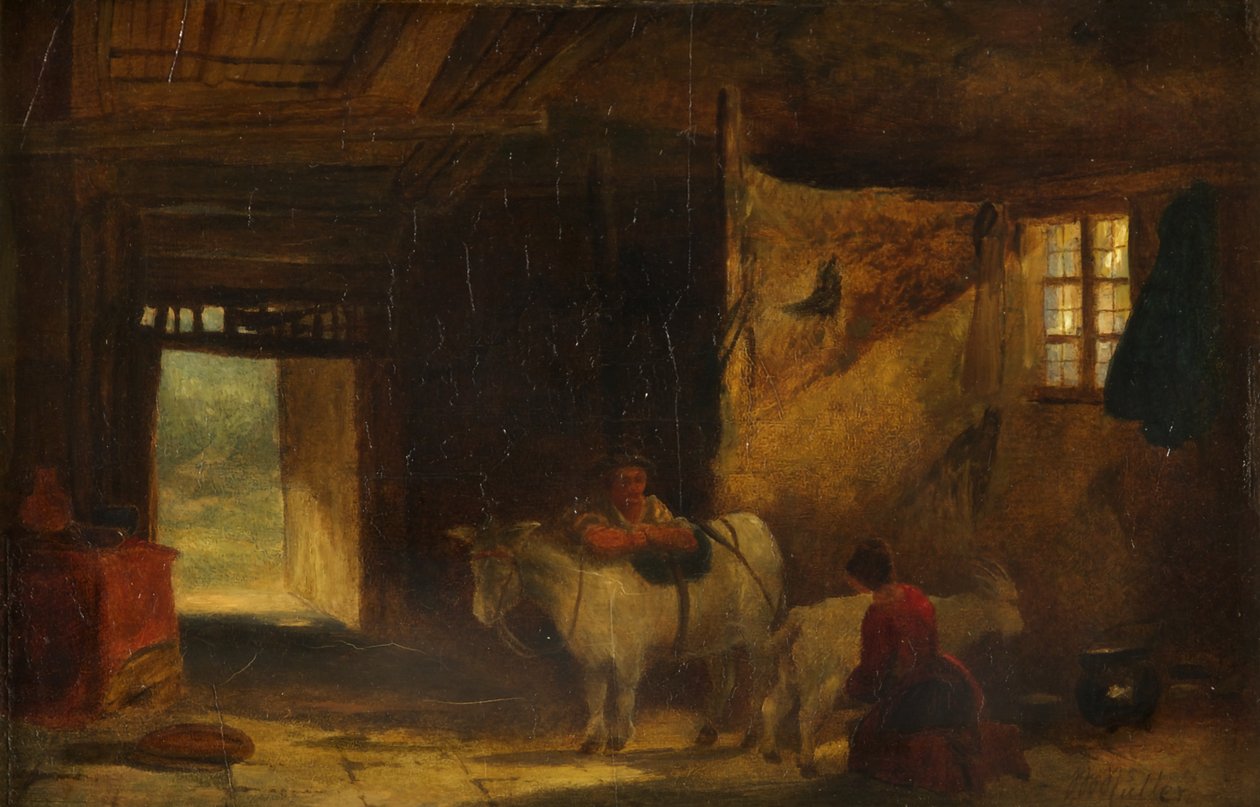 Et walisisk interiør med pige, der malker en ged (olie på panel) af William James Muller