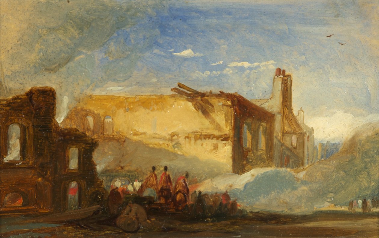 Bristol Riots: Ruins of Warehouses in Prince Street, with Mounted Troops, ca. 1831 (olie på papir) af William James Muller