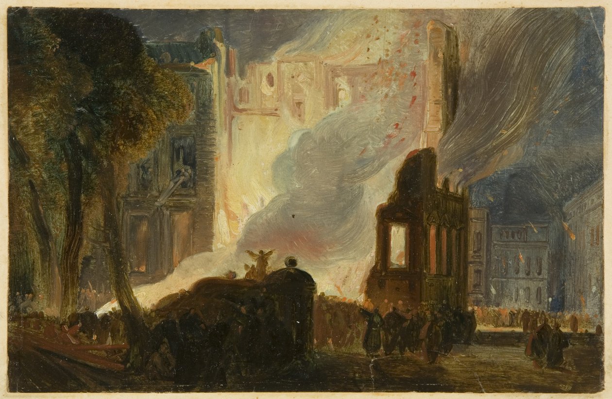 Bristol Riots: The Burning of the Mansion House, Queen Square, ca. 1831 (olie på papir) af William James Muller