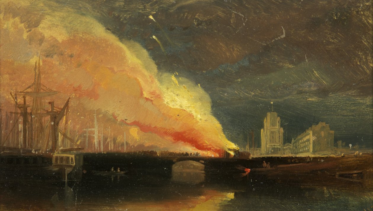 Bristol Riots: The Burning of the Tol-Houses on Prince Street Bridge med St Mary Redcliffe af William James Muller