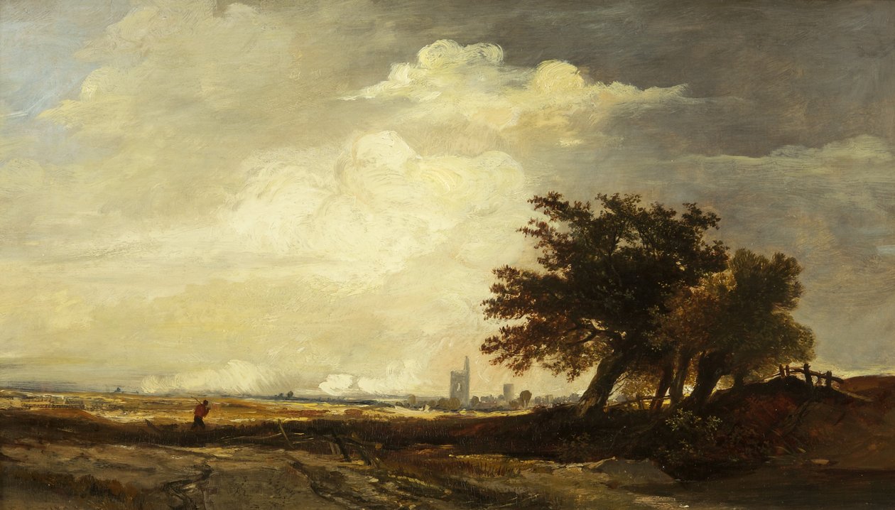 Landskab med kirke, ca. 1839 (olie på panel) af William James Muller