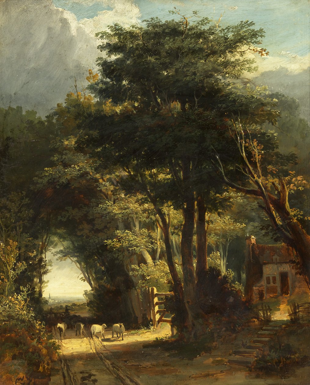 Landskab med Frenchay-kirken i det fjerne (olie på lærred) af William James Muller