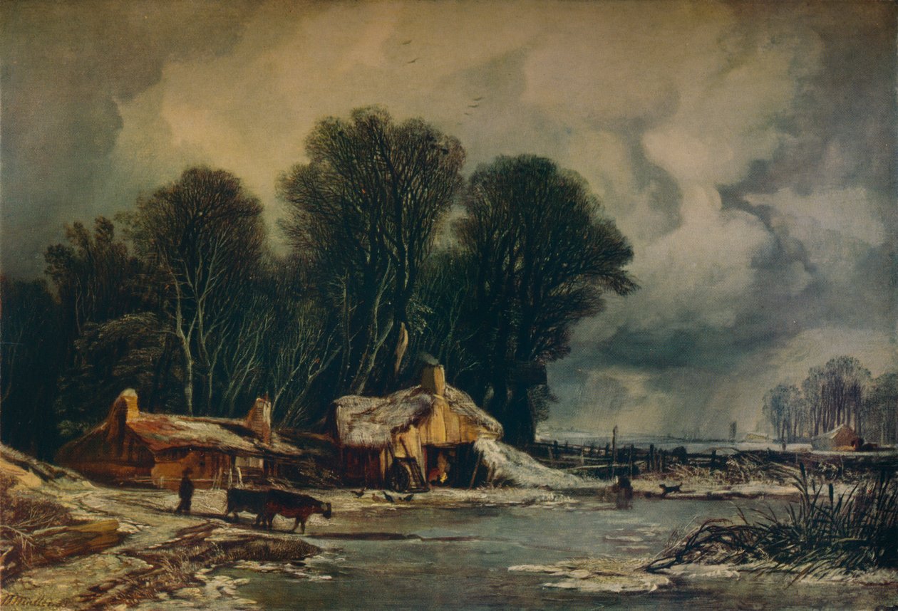 Landskab med gamle hytter: Vinter, 1833 af William James Muller