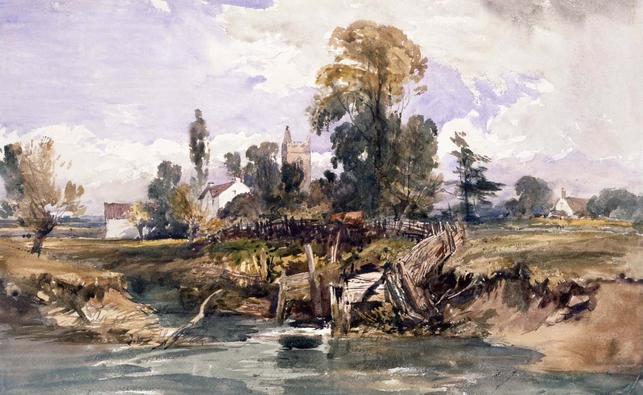 Landskab med en kirke og et hus af William James Muller