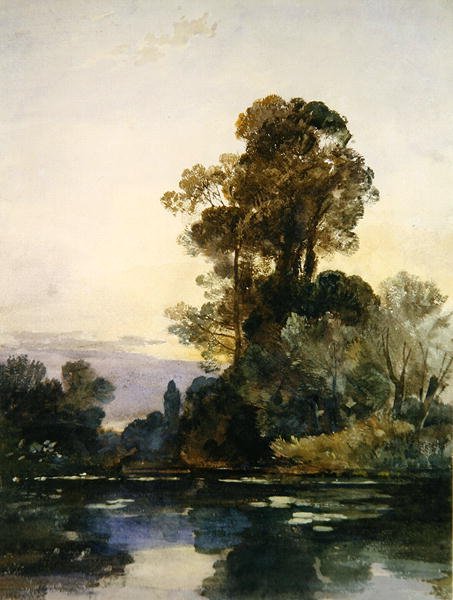 Høje træer ved en sø (akvarel og kropsfarve på papir) af William James Muller