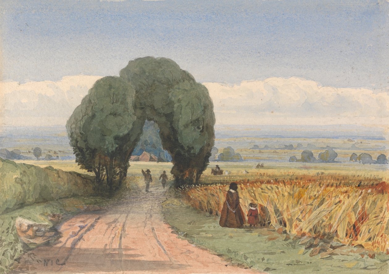 Gloucestershire - en kvinde og et barn på en vej, der grænser op til marker med moden majs ved Moreton-in-Marsh af William John Chamberlayne