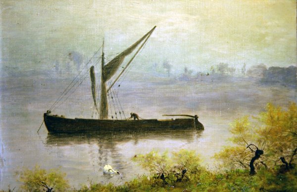 En forårsmorgen på Themsen (olie på panel) af William John Hennessy