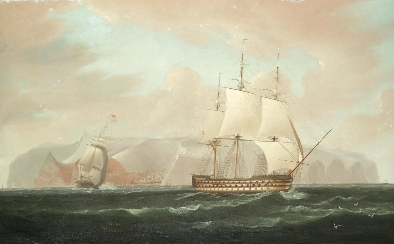 Et tredækket linjeskib på vej væk fra Jamestown, St. Helena, med sin ledsagende fregat, der affyrer en afskedssalut af William John Huggins