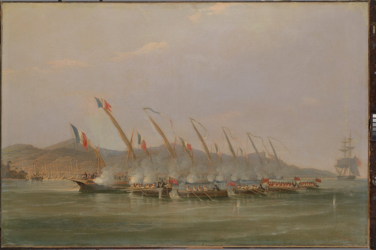 Kaptajn Robert Maunsell fanger franske kanonbåde ud for Java, juli 1811, ca. 1811 (olie på lærred) af William John Huggins