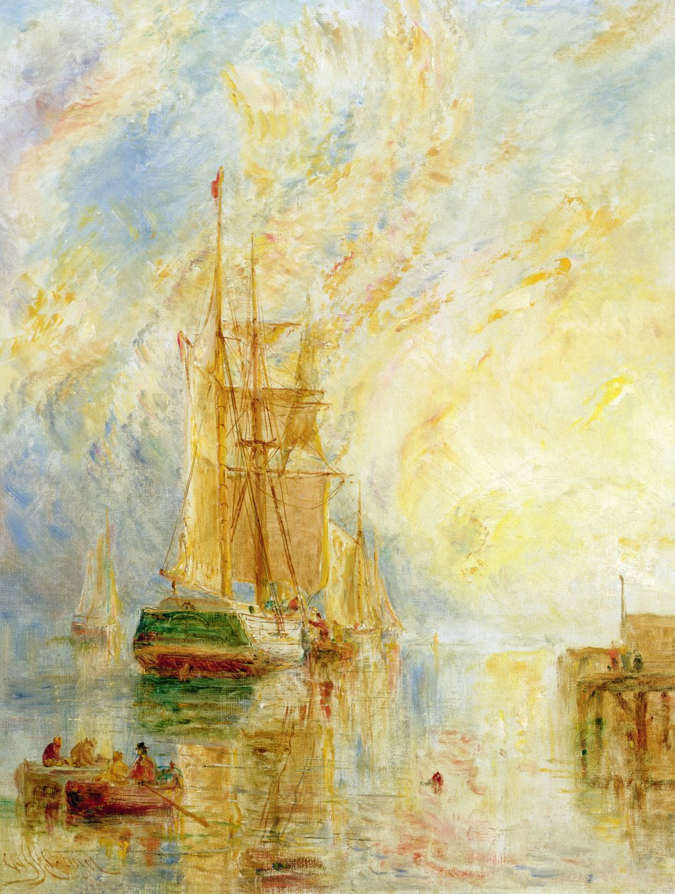 Båd i havn, solnedgang (olie på lærred) af William Joseph J.C. Bond