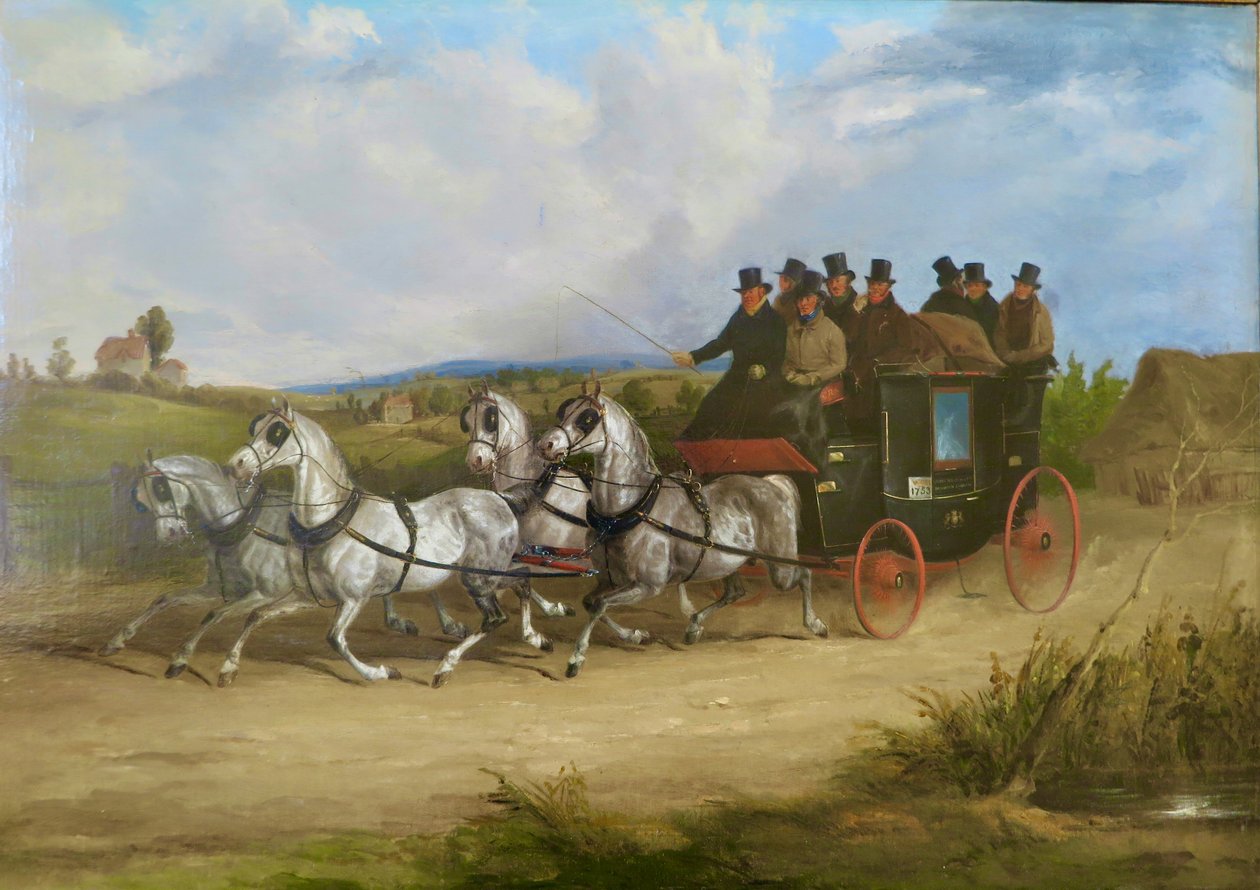 The London to Brighton Stage Coach trukket af et hold grå heste (olie på lærred) af William Joseph Shayer