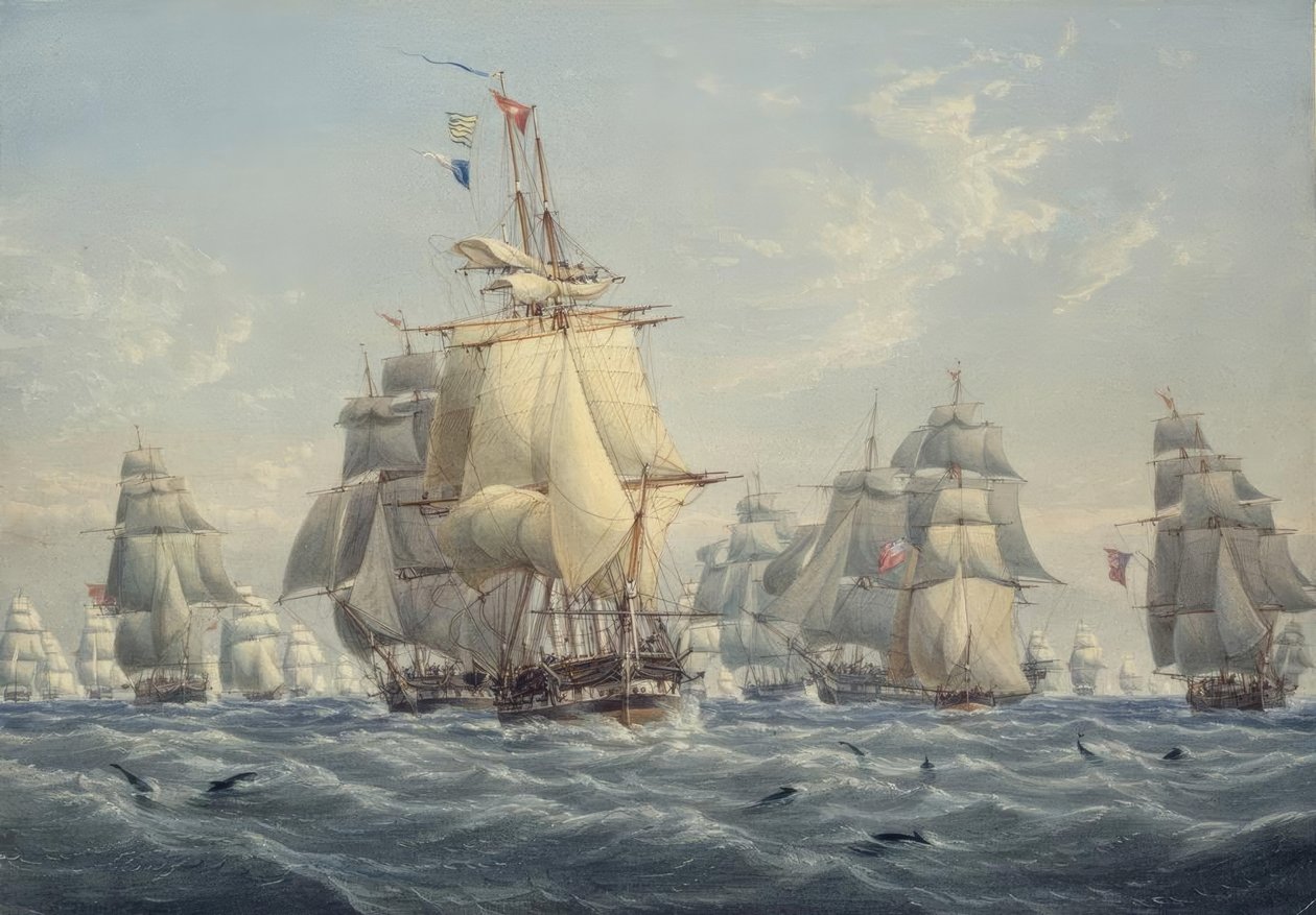 En britisk eskadrille under fuld sejl med marsvin af William Joy