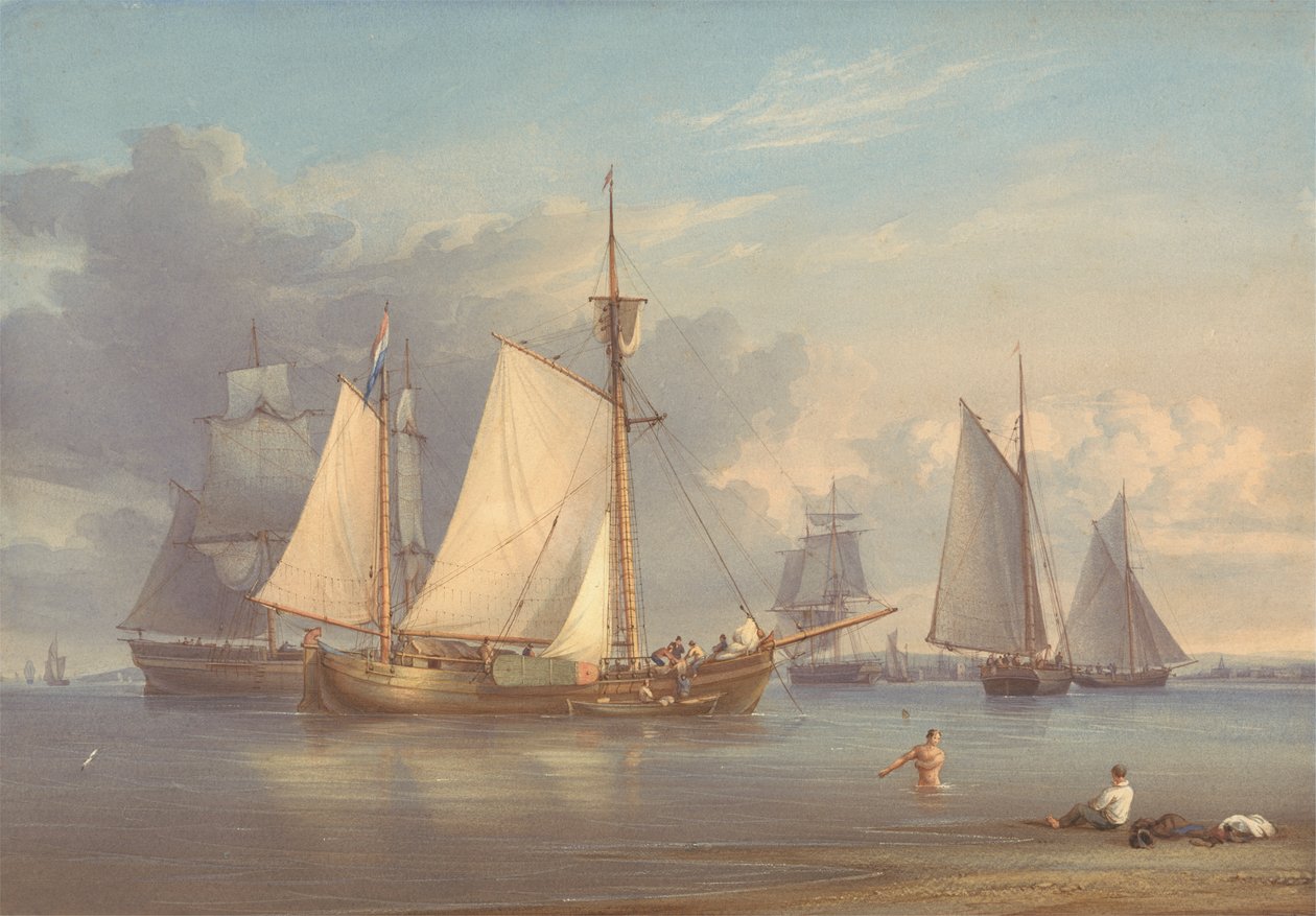 Hollandske fiskerbåde for anker i en flodmunding af William Joy