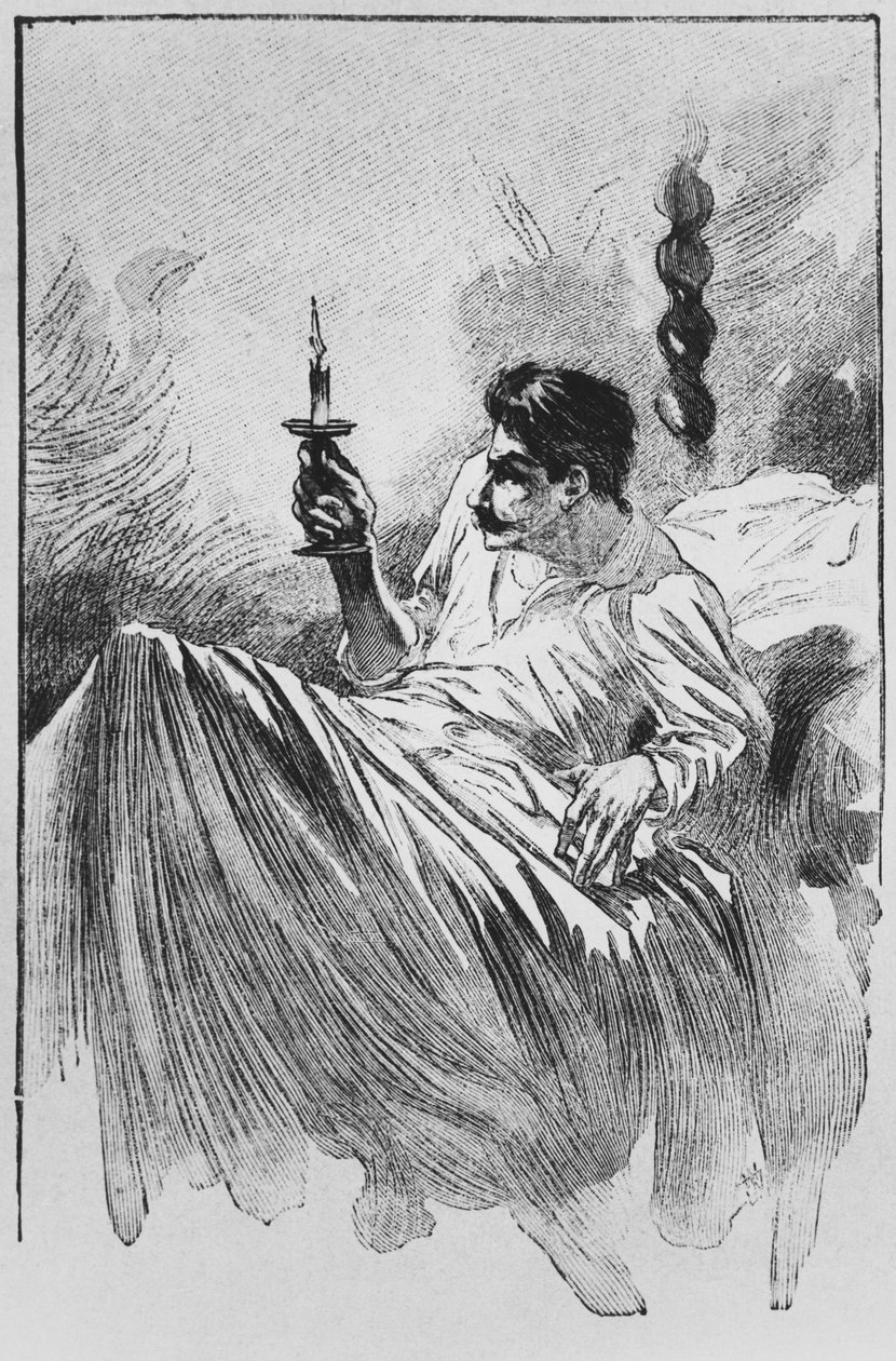Fortælleren i sengen, illustration fra "Le Horla" af Guy de Maupassant (1850-93), graveret af Georges Lemoine, Paris, Editions Albin Michel, ca.1910 (træsnit) af William Julian Damazy