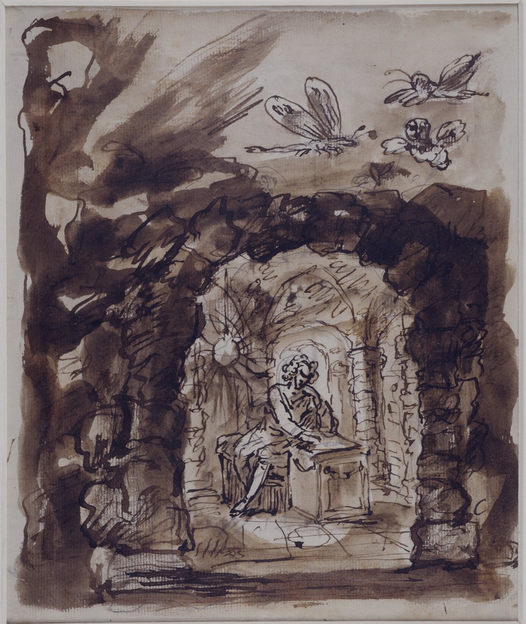 Alexander Pope i sin grotte (pen og blæk med vask på papir) af William Kent