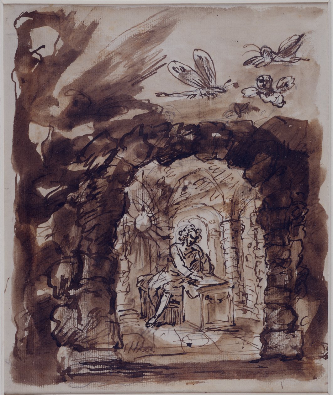Alexander Pope i sin grotte, ca. 1730 (Pen og blæk med brun vask over blyant på papir) af William Kent