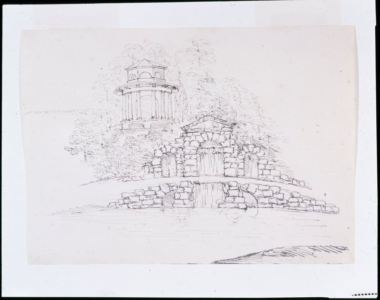 Chiswick, design til en rockword-kaskade med et ottekantet dorisk tempel på terrassen bagved (pen og blæk over blyant på papir) af William Kent