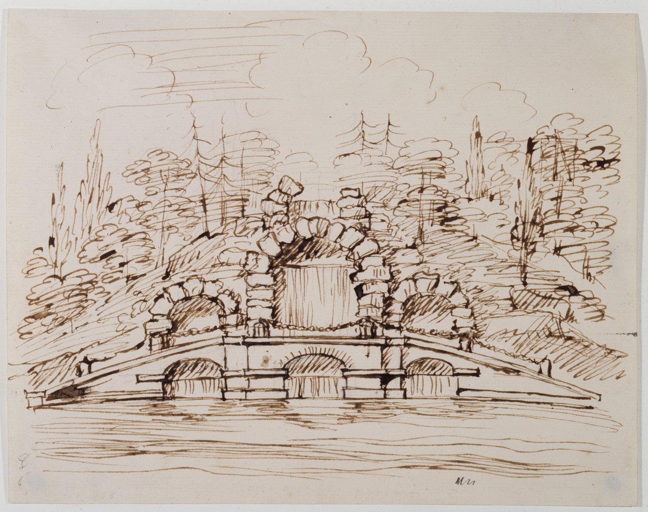 Chiswick, design til kaskaden som bygget (pen og blæk over blyant på papir) af William Kent