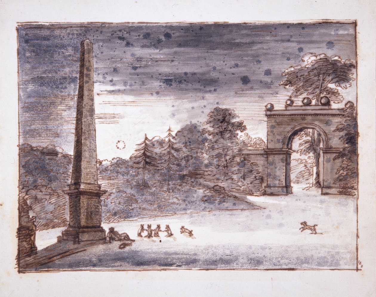Chiswick, Burlington Lane Gate og Obelisken i måneskin med Kent, der sidder ved Obelisken og drømmer, og med kaniner i spil, ca. 1732 (pen & blæk og vask på papir) af William Kent