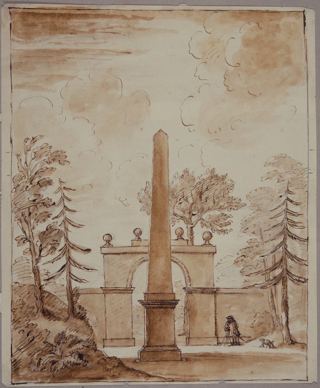 Chiswick, udsigt over Burlington Lane Gate, obelisken i forgrunden og Kent med hund (pen og blæk og vask på papir) af William Kent