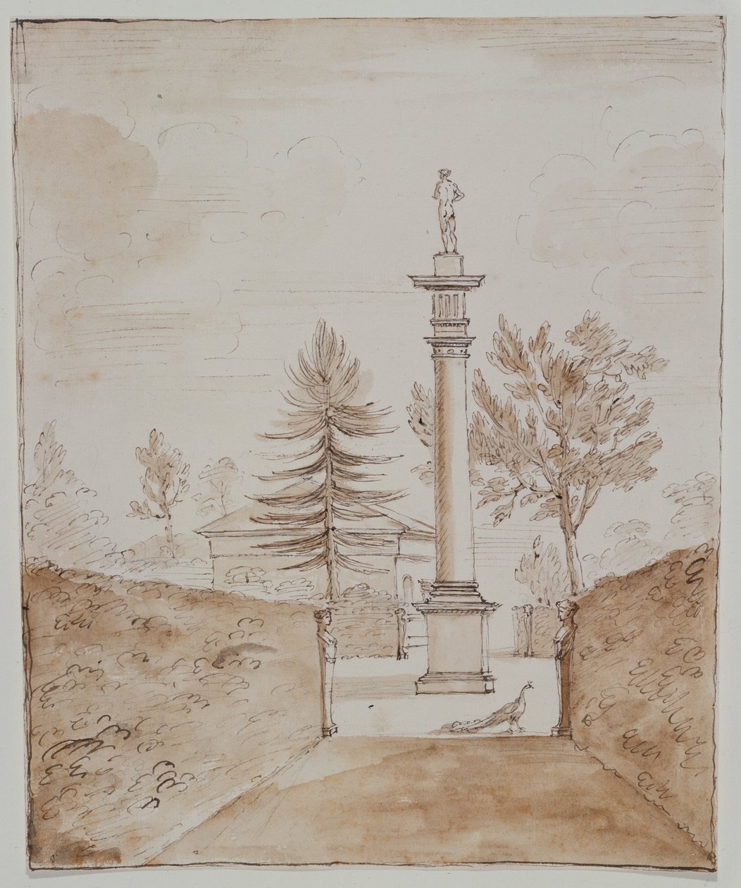 Chiswick, udsigt over den doriske søjle med Venus de Medici-statuen og et glimt af siden af hjortehuset (pen og blæk på papir) af William Kent