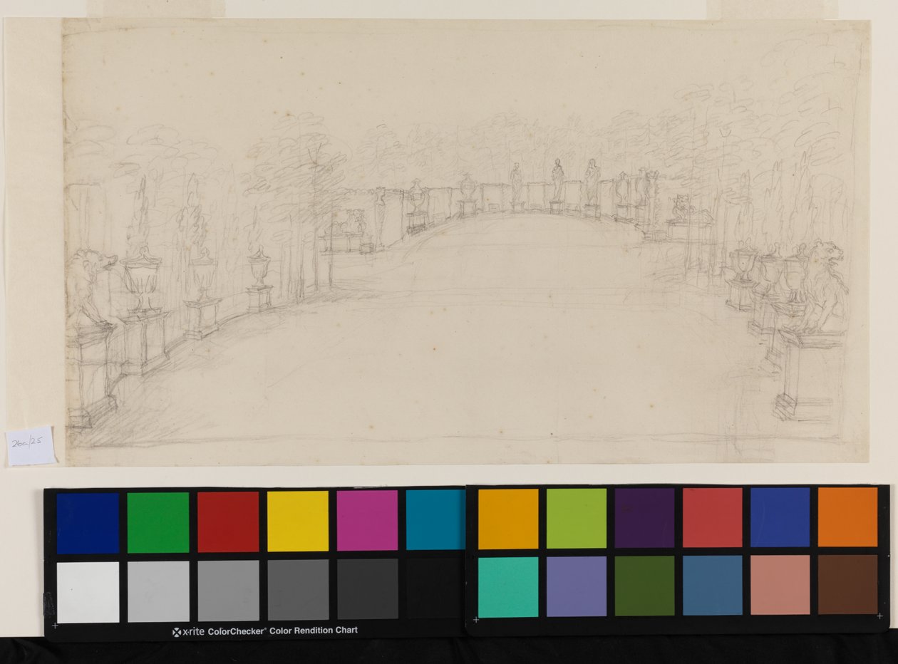 Chiswick, udsigt over Exedra, der viser placering af skulptur (blyant på papir) af William Kent