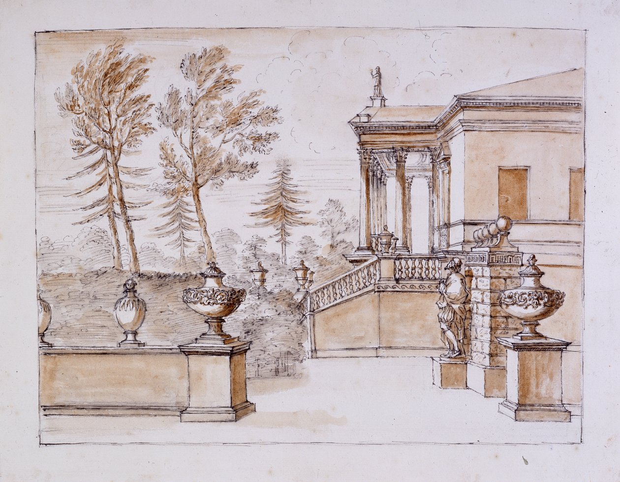 Chiswick, udsigt over villaen på Inigo Jones statue side (pen & blæk og vask over blyant på papir) af William Kent