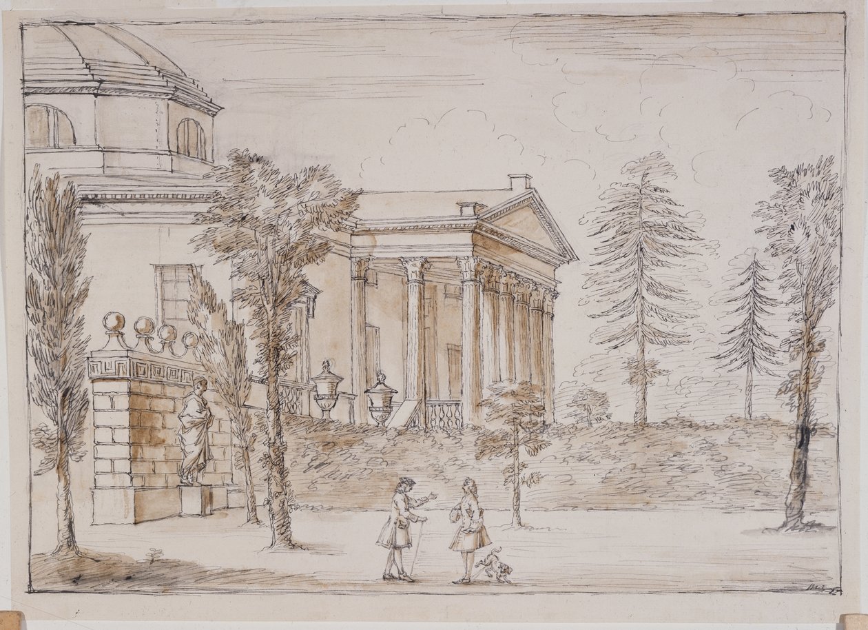 Chiswick, udsigt over villaen fra Palladio-statuens side (pen & blæk og vask over blyant på papir) af William Kent