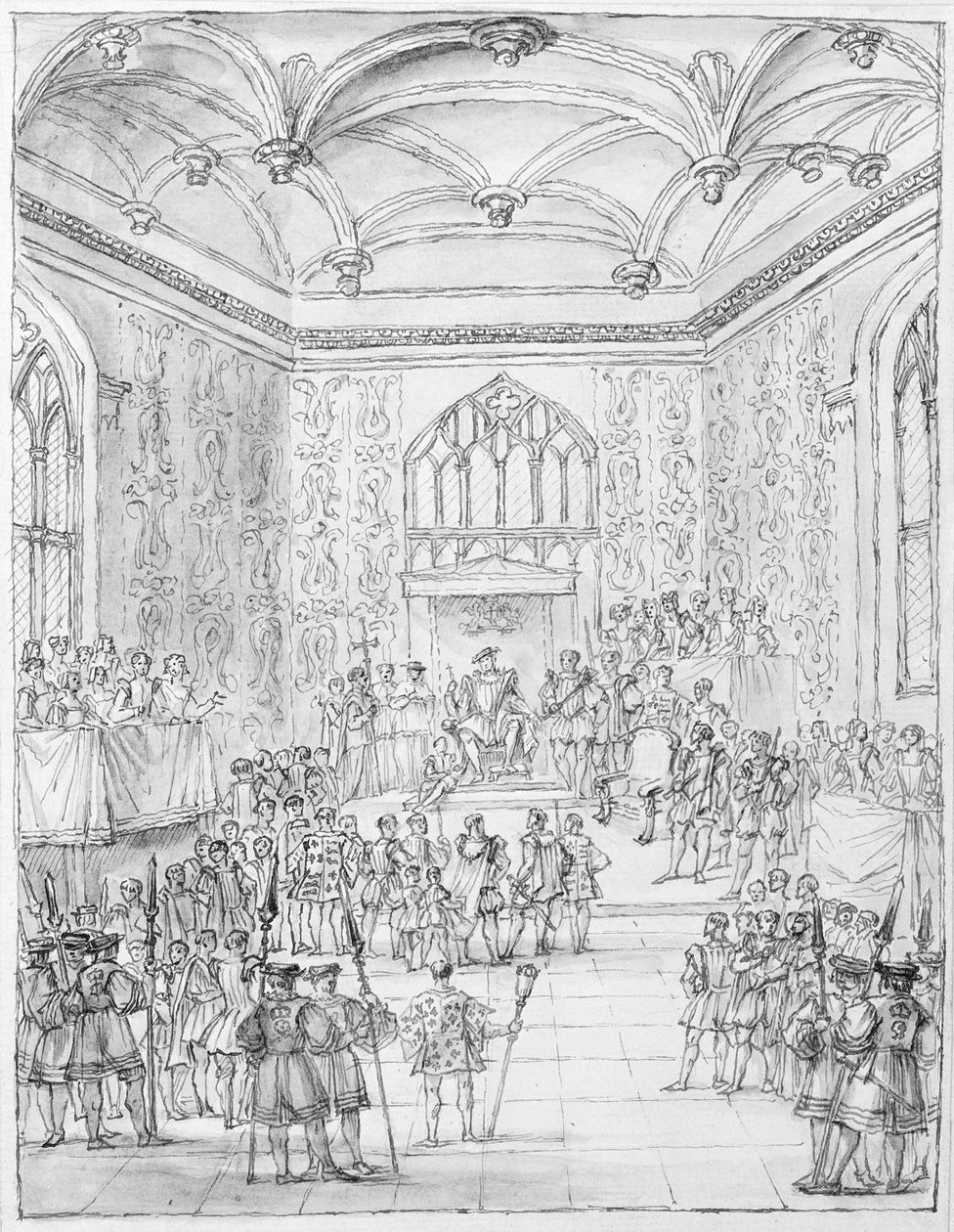 Henry VIII modtager Montmorency, den franske ambassadør, på Hampton Court af William Kent