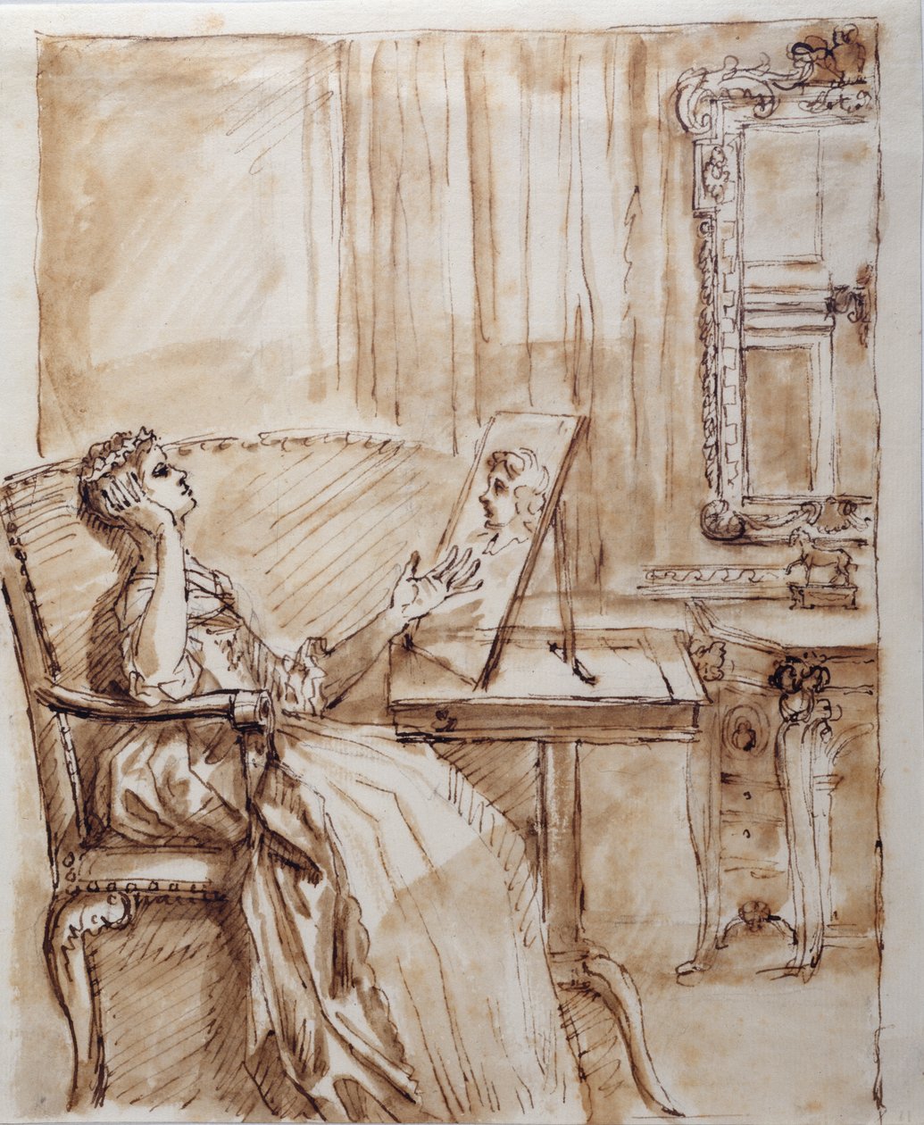 Lady Burlington sidder i sit haveværelse og beundrer en gammel mester (?) tegning (pen og blæk på papir) af William Kent